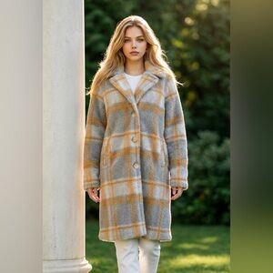 Me Jane Gray & Mustard Checked Teddy Coat